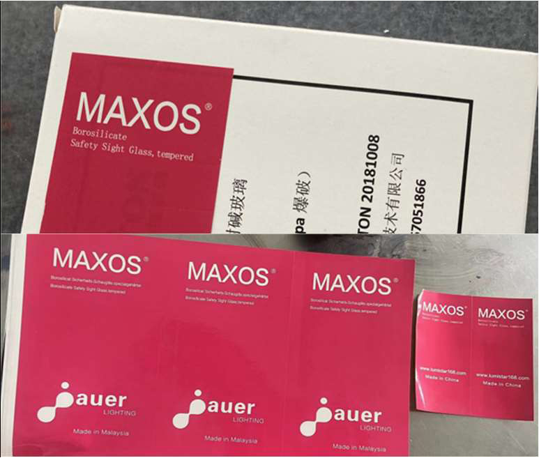 Fake MAXOS glasses with Chinese characters on the label
